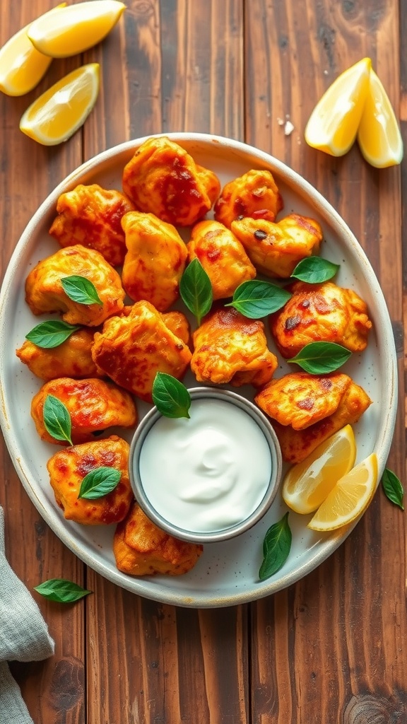 Crispy Air Fryer Chicken 65 garnished with curry leaves, served with yogurt dip and lemon slices.